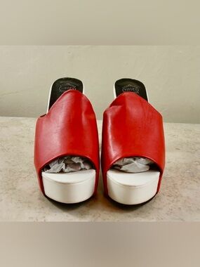 Women’s Red Slide Platform Mules with White Sole